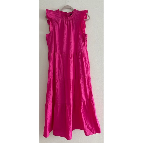 NWT J. Crew Pink Tiered Ruffle Sleeve Poplin Midi Sundress Dress Medium Tall - Picture 2 of 13
